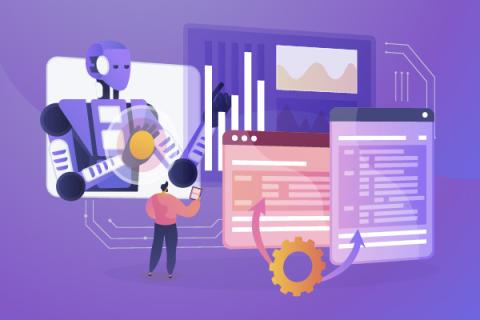 A person interacting with an AI interface, data charts and code