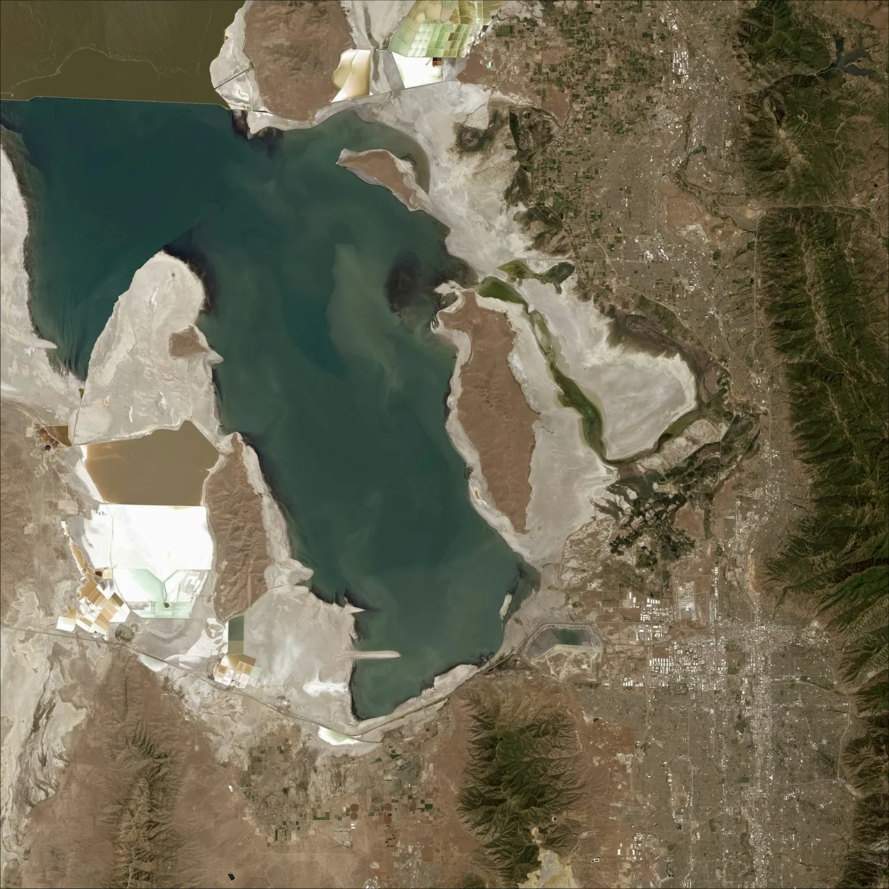 Satellite view of Great Salt Lake and surrounding land.