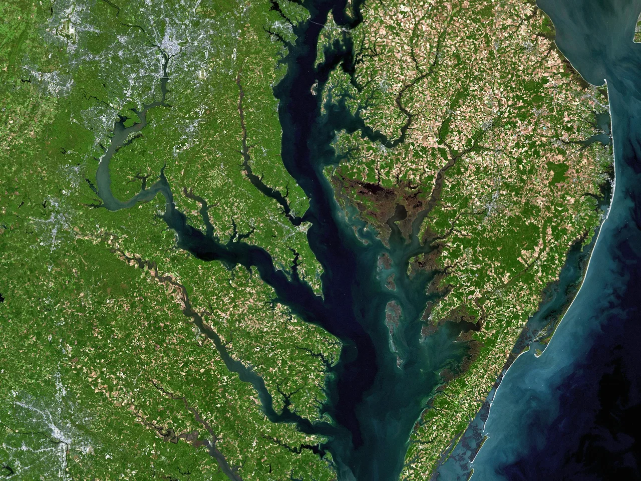 Satellite view of Chesapeake Bay and the Delmarva Peninsula.